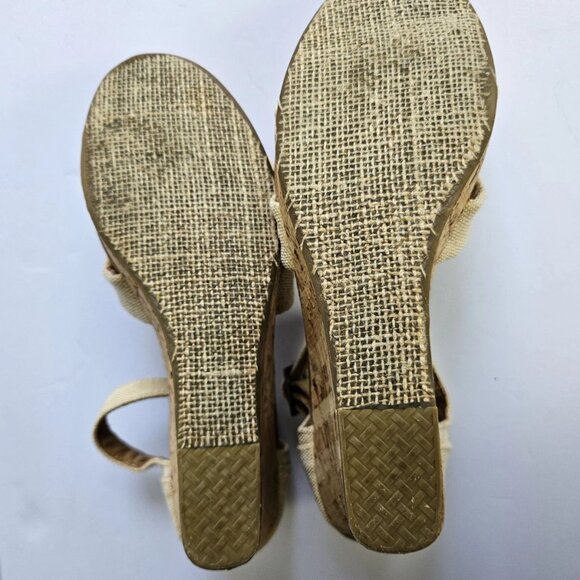 TOMS Women’s Natural Canvas Cork Wedge Heels Size 9.5M Criss Cross Peep Toe Espa - Picture 8 of 9